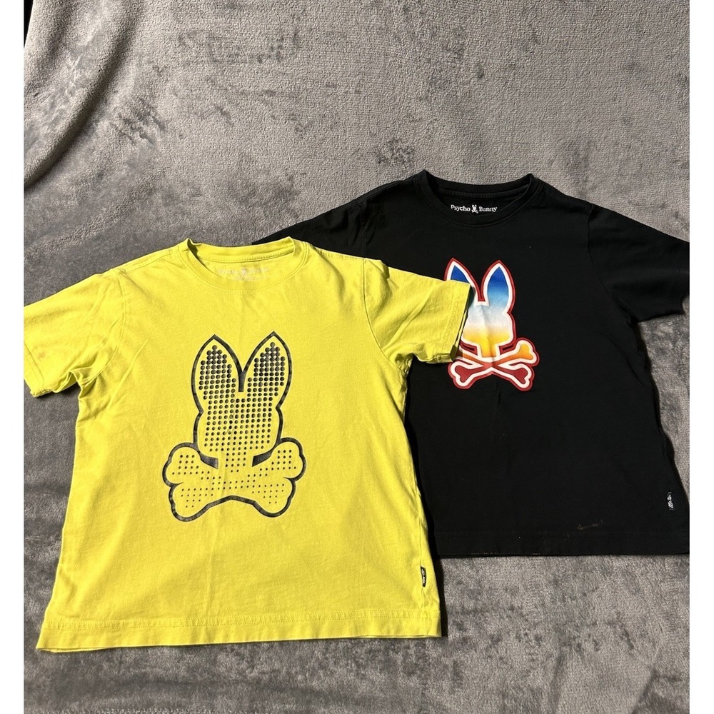 Lot Of 2 Psycho Bunny Shirts Boy's Medium Black Green Skull Pima Cotton